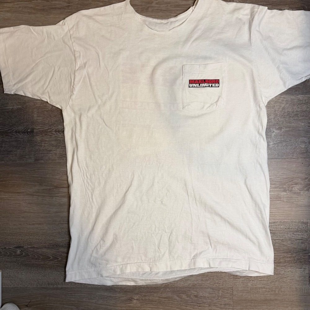 90s Marlboro Unlimited White Pocket TShirt Graphic Horse Creek Pipestone Pass XL - Picture 2 of 6